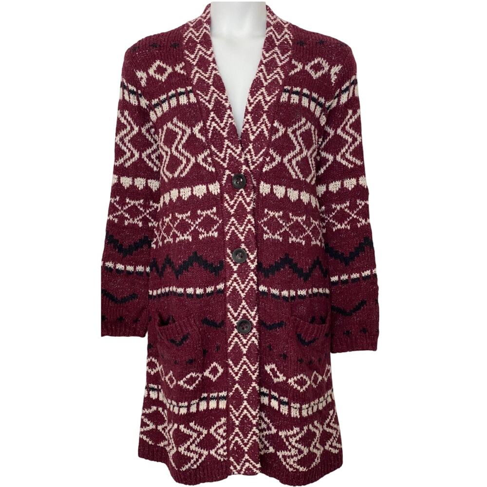 J. Jill Fair Isle Knit Long Cardigan Sweater, Maroon, Women's Size Large